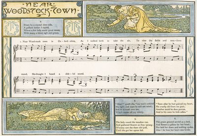 「Near Woodstock Town」、「Pan-Pipes」の歌のイラスト、A Book of Old Songs、新しくアレンジ、Theoによる伴奏付き。 Marzials、ロンドンでGeorge Routledge und Sonsによって公開された、1884年（色l 作： Walter Crane